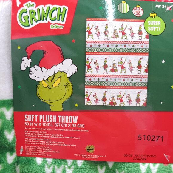Dr. Seuss The Grinch Soft Plush Throw Blanket 50" X 70" Christmas Super Soft - Picture 4 of 9